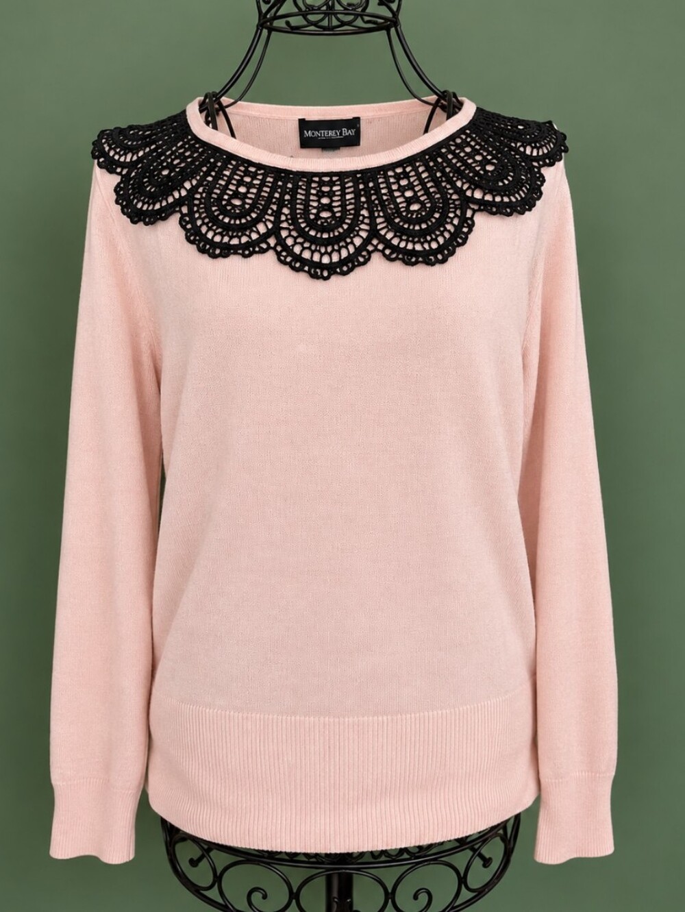 Monterey Bay Pink Sweater with Black Lace Collar